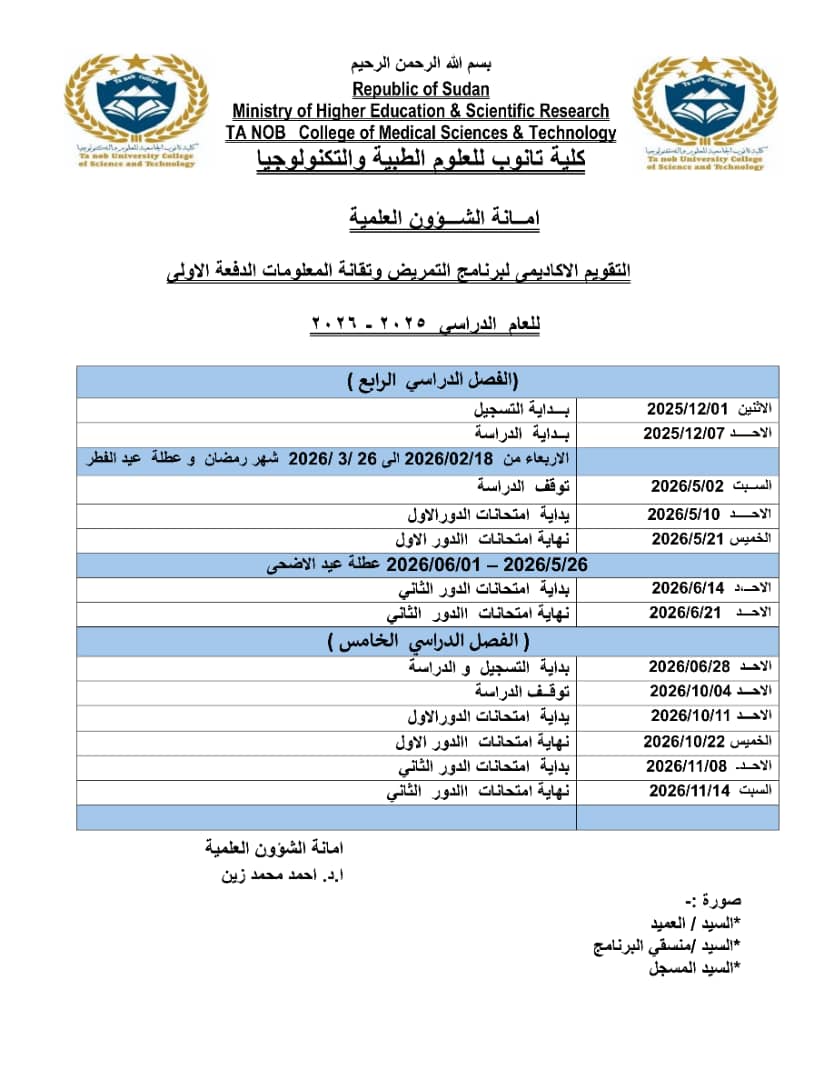 التقويم الاكاديمي لبرنامج التمريض وتقانة المعلومات